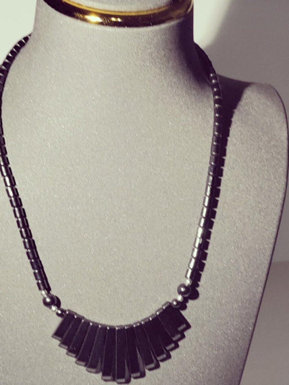Black Hematite Look Fan Bib Beaded Necklace